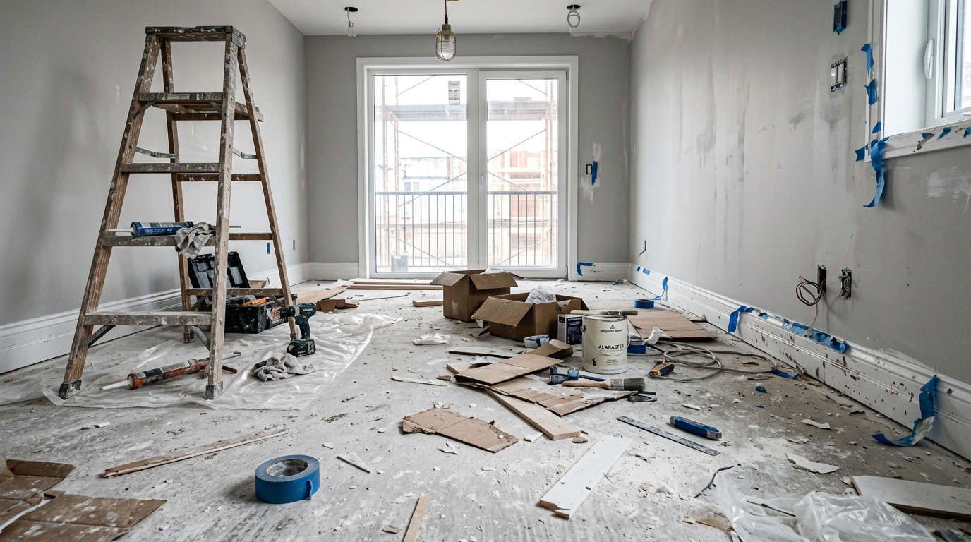 Antes de la limpieza - habitación en obras con polvo de yeso