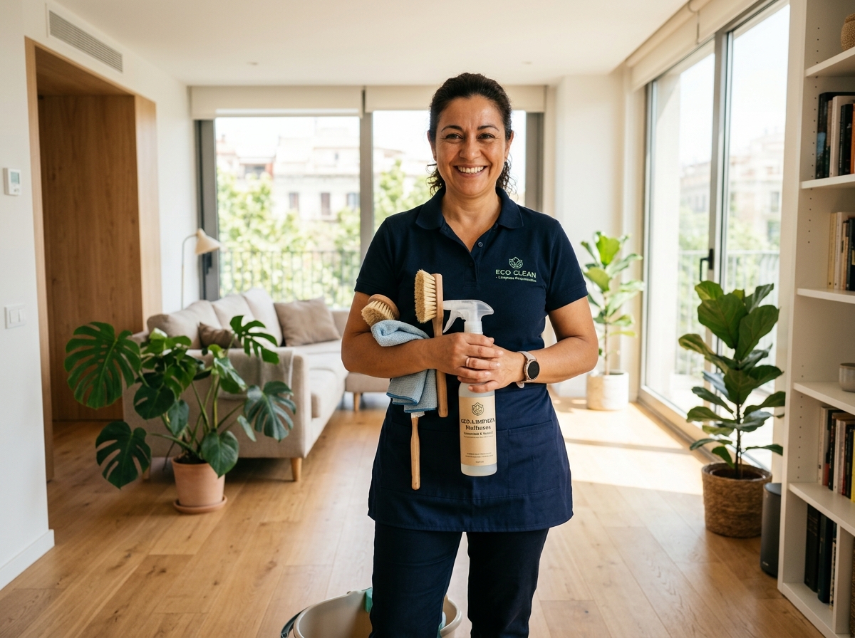 Especialista de Limpiezas Hispanidad sonriendo en vivienda limpia